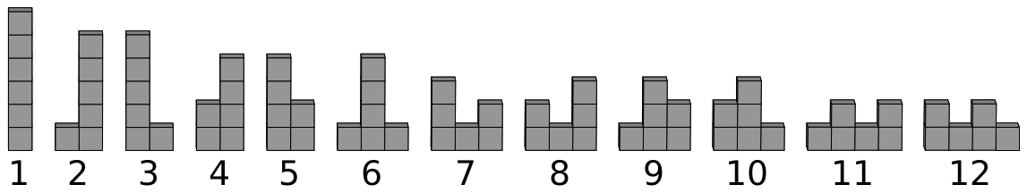 Twelve zig-zag stackings of 6 boxes, numbered 1 to 12