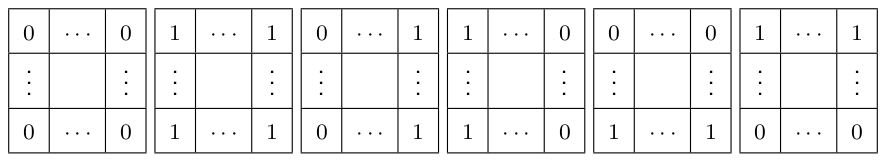 Six 3×3 tiles showing the possible corner values: all 0; all 1; left 0 right 1; left 1 right 0; top 0 bottom 1; top 1 bottom 0