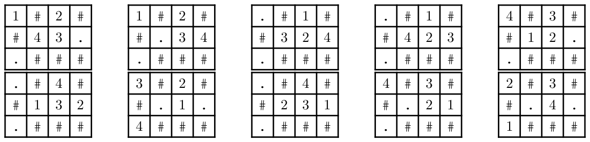 Ten 3×4 grids showing tower placements