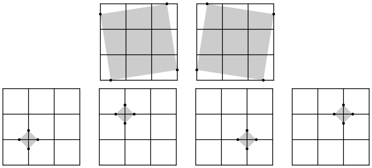 Two large tilted squares in a 3×3 grid and four small diamond squares around grid points