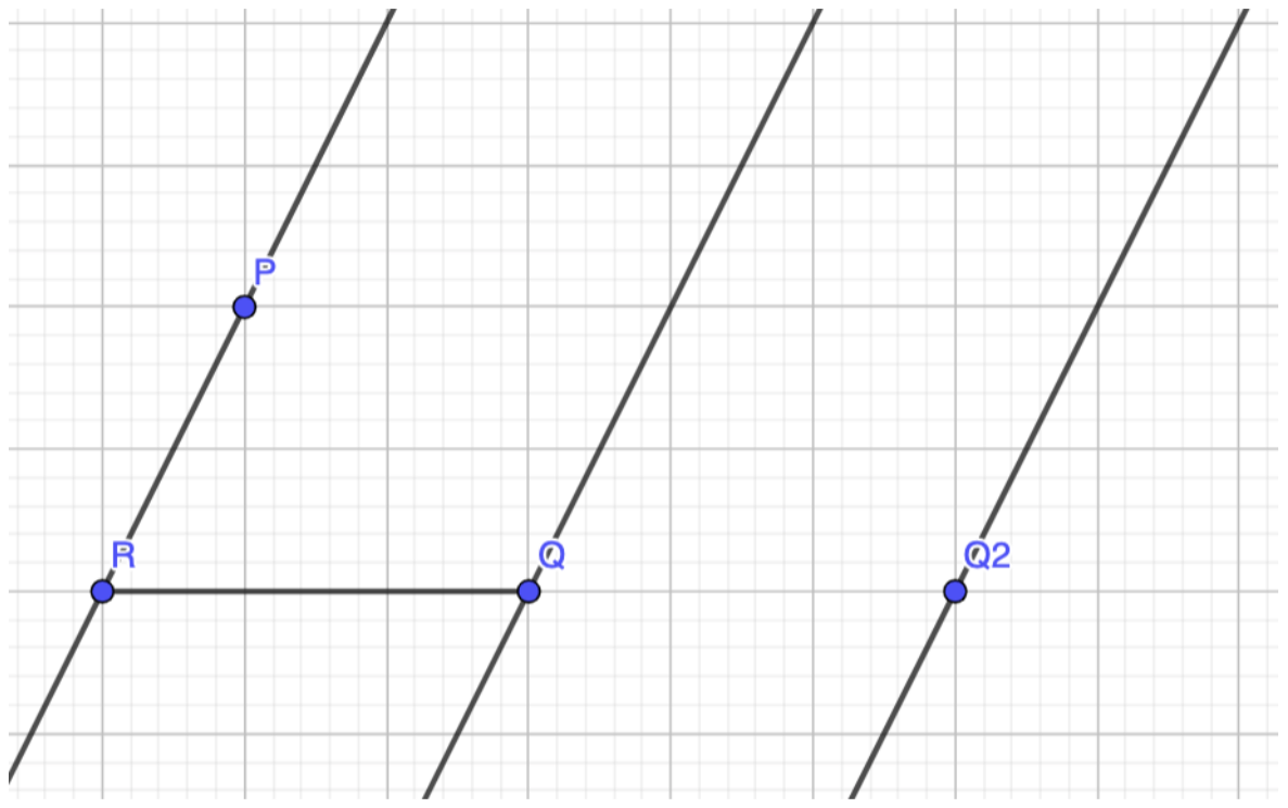 Parallel lines through R and P, through Q, and through Q2, with segment RQ
