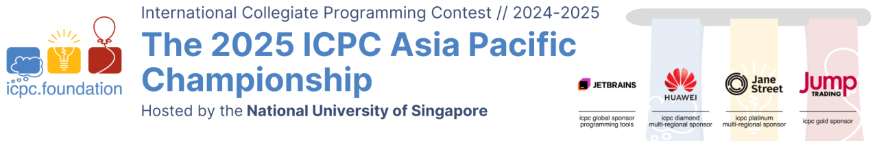 The 2025 ICPC Asia Pacific Championship banner, hosted by the National University of Singapore, with ICPC Foundation logo and sponsor logos